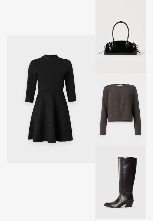 Dunkelgrauer, gestrickter Langarm-Cardigan mit rundem Ausschnitt und einem einzigen Knopfverschluss oben.; Schwarzes Kleid mit taillierter Oberteil und schwingendem Rock. Lange Ärmel und runder Ausschnitt. Aus glattem Stoff mit dezenten Texturen gefertigt. Reißverschluss auf der Rückseite.; Knöchelhigh, dunkelbraune Lederstiefel mit spitzem Zeh, eckigem Blockabsatz und glatter, glänzender Textur. Verfügt über ein klares Design und Steppnähte.; Kleine schwarze glänzende Handtasche mit zwei langen Griffen und seitlichen Kordelzug-Details vor einfachem hellem Hintergrund.