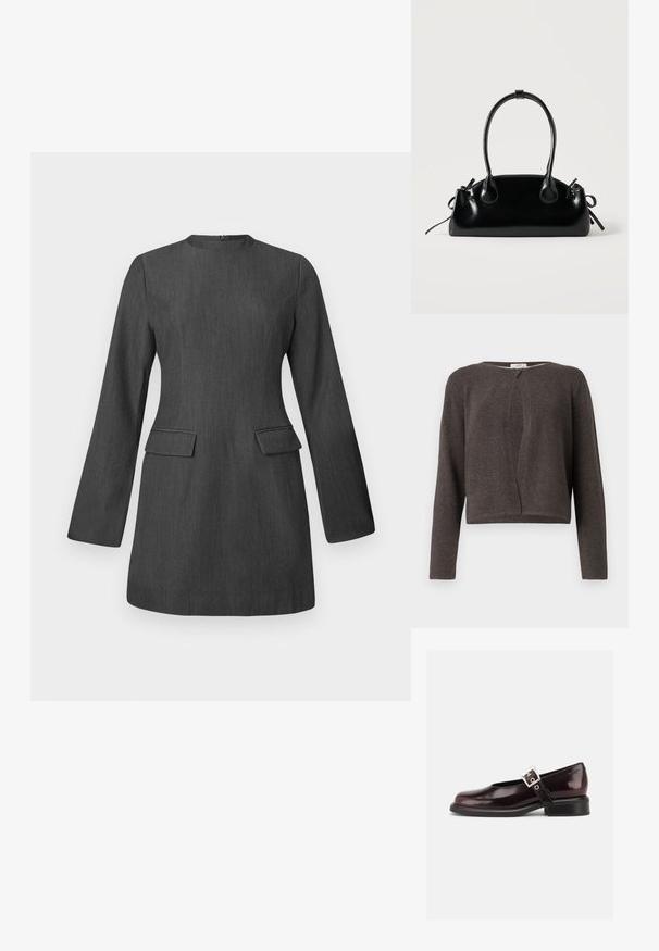 Dunkelgrauer, gestrickter Langarm-Cardigan mit rundem Ausschnitt und einem einzigen Knopfverschluss oben.; Graues, tailliertes Kleid mit langen Ärmeln, Rundhalsausschnitt und zwei vorderen Taschen. Hergestellt aus strukturiertem Stoff und zeichnet sich durch ein elegantes, strukturiertes Design aus.; Ein einzelner glänzender dunkelburgunder Mary Jane Schuh mit breitem Riemen und silberner Schnalle, niedrigem Blockabsatz und abgerundeter Spitze auf weißem Hintergrund.; Kleine schwarze glänzende Handtasche mit zwei langen Griffen und seitlichen Kordelzug-Details vor einfachem hellem Hintergrund.