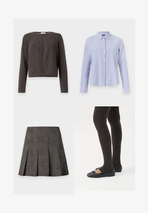 Mørkegrå strikket cardigan med lange ærmer, rund halsudskæring og en enkelt knaplukning foroven.; Langærmet skjorte med knapper med hvide og lyseblå lodrette striber og en spids krave vist på en ensfarvet baggrund.; Gråternet nederdel med plisseringer, prydet med intrikate mønstre i sort og hvid, akkompagneret af tynde røde linjer. Fremstillet af et struktureret stof.; Ben iført mørke ribbede leggings kombineret med sorte balletsko med små sløjfedetaljer på hvid baggrund.