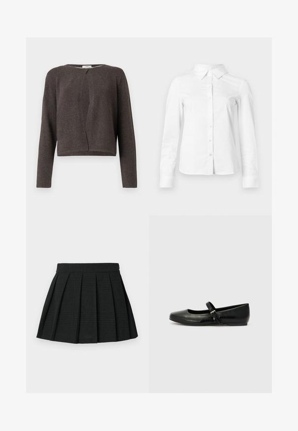 Gilet long en tricot gris foncé à manches longues avec un col rond et une fermeture à un bouton en haut.; Chemise blanche à manches longues avec boutons, col pointu, ourlet droit et silhouette ajustée, présentée sur un fond clair uni.; Jupe plissée noire en tissu texturé. Dispose d'une taille et d'un léger motif écossais tout au long. Longueur courte avec des plis superposés.; Ballerines en cuir noir avec un bout arrondi, une semelle plate et une fine sangle ajustable sur le cou-de-pied avec une boucle en métal.