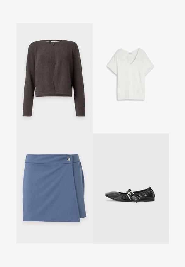 Gilet long en tricot gris foncé à manches longues avec un col rond et une fermeture à un bouton en haut.; Haut blanc à manches courtes avec col en V, motif œillet subtil et coupe décontractée, présenté à plat sur un fond clair.; Jupe bleue style portefeuille avec une taille haute et une fermeture par bouton argenté sur le côté droit, présentée sur un fond blanc.; Chaussure plate en cuir noir avec un nez pointu, des détails froncés autour de l'ouverture et un accent en boucle argentée sur la bride ajustable.