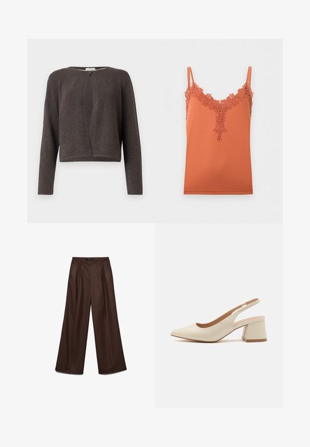 Mørkegrå strikket cardigan med lange ærmer, rund halsudskæring og en enkelt knaplukning foroven.; Rustorange camisole med tynde stropper og blomsterblonde langs V-udskæring og øvre bryst.; Brune, højttaljede, vide bukser med forreste plisseringer og sidelommer, skræddersyet til en afslappet pasform.; Spids tå slingback pump i lys beige læder med en lav blokhæl. Har et udskåret design og glat tekstur.