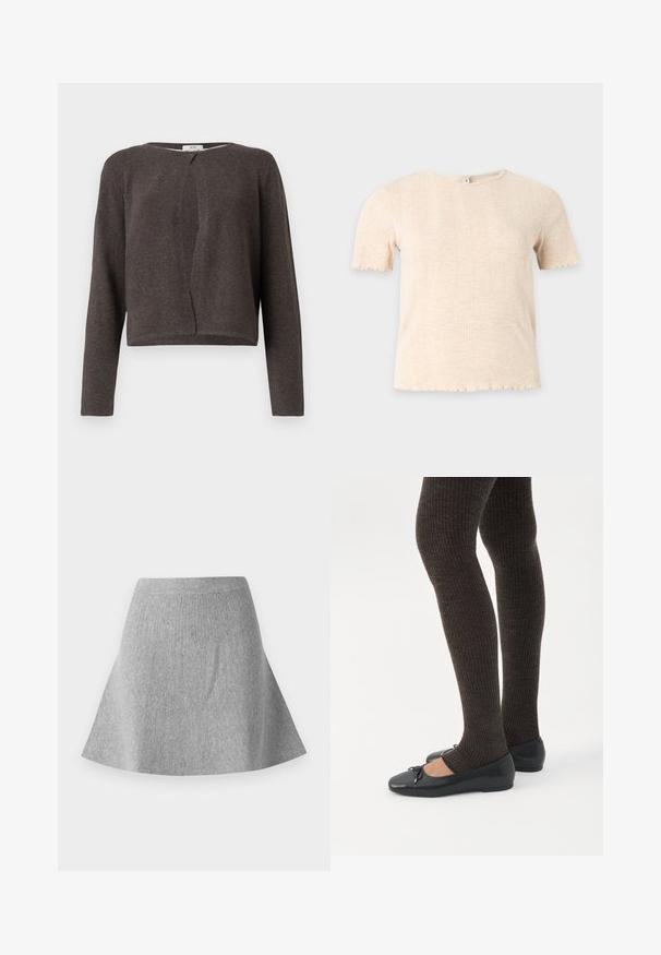 Mørkegrå strikket cardigan med lange ærmer, rund halsudskæring og en enkelt knaplukning foroven.; Beige kortærmet striktop med rund halsudskæring og subtilt lodret ribmønster på ensartet lysegrå baggrund.; Grå, strikket sømdnederdel med en tekstureret finish. Har en taljeing og en glat silhuet, der smalner ind mod kanten.; Ben iført mørke ribbede leggings kombineret med sorte balletsko med små sløjfedetaljer på hvid baggrund.