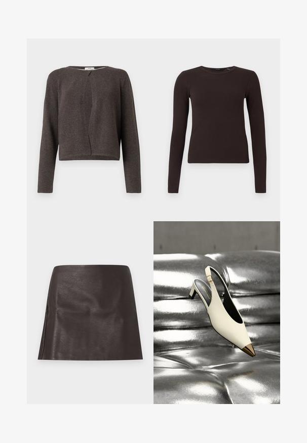 Mørkegrå strikket cardigan med lange ærmer, rund halsudskæring og en enkelt knaplukning foroven.; Mørkebrune ribbede langærmede T-shirt med rund hals og tætsiddende silhuet, præsenteret på en simpel hvid baggrund.; Kort mørkebrun nederdel i kunstlæder med lige snit og subtile folder, vist på en ensfarvet hvid baggrund.; Hvid slingback højhælet sko med guld spids tåhætte, vist på en skinnende metallisk sølv polstret overflade.