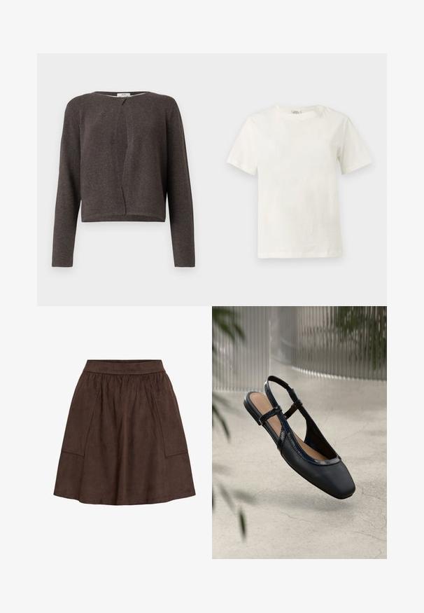 Mørkegrå strikket cardigan med lange ærmer, rund halsudskæring og en enkelt knaplukning foroven.; Almindelig hvid bomulds T-shirt med korte ærmer og rund halsudskæring, vist på en neutral lys grå baggrund.; Brun ruskindnederdel med elastisk linning, med sidelommer og en udvidet pasform. Glat tekstur og knælængde.; Sorte læder slingback flade sko med firkantet tå, prydet med en blank patenteret kant og justerbare remme for en sikker pasform.