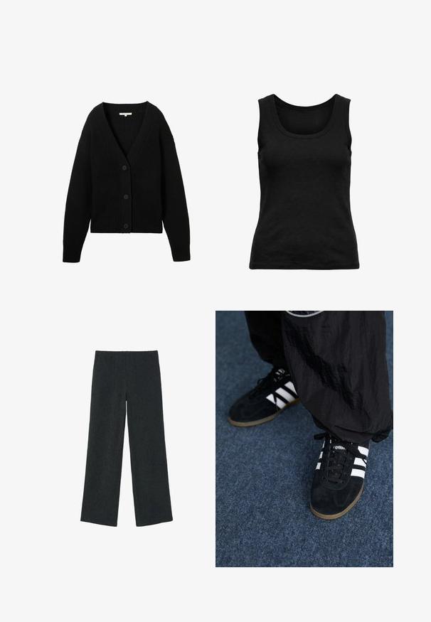 Cardigan noir en tricot à manches longues, col en V, et trois boutons sur le devant, présenté à plat sur un fond blanc.; Débardeur noir côtelé sans manches avec encolure dégagée, coupe ajustée et couleur unie, présenté à plat sur fond blanc.; Pantalon large en maille côtelée noire avec taille élastique, devant plat et ourlet droit, présenté sur un fond blanc.; Des chaussures de sport en suède noir avec trois rayures blanches et des lacets noirs. Un pantalon noir texturé est partiellement visible à côté des chaussures.