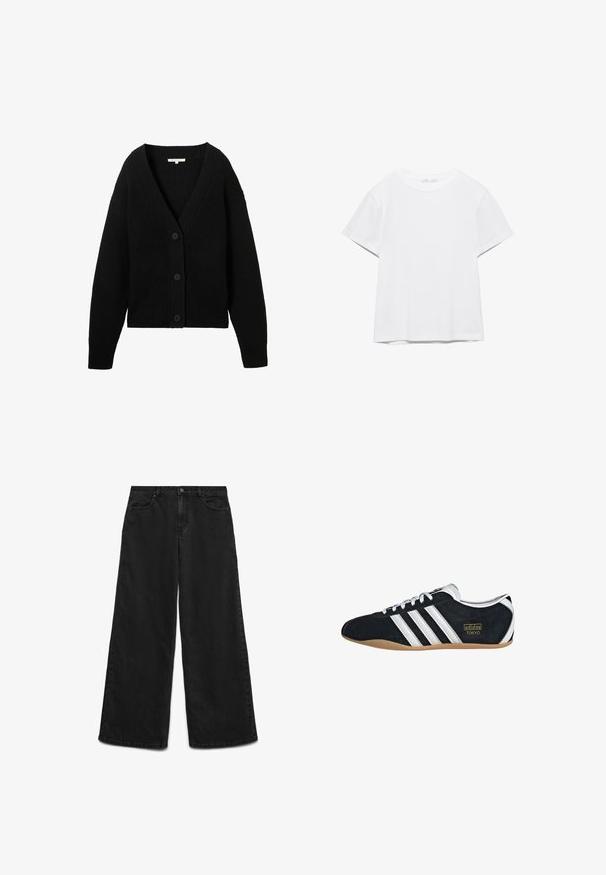 Cardigan noir en tricot à manches longues, col en V, et trois boutons sur le devant, présenté à plat sur un fond blanc.; T-shirt blanc uni à manches courtes et col rond, avec un ourlet droit, présenté sur un fond blanc.; Pantalon en jean noir à jambes larges avec fermeture boutonnée et zip à l’avant, poches avant et coutures visibles sur fond blanc.; Sneakers en suede noir avec trois bandes blanches, logo doré et semelle en caoutchouc marron. Présente un design à lacets à profil bas.