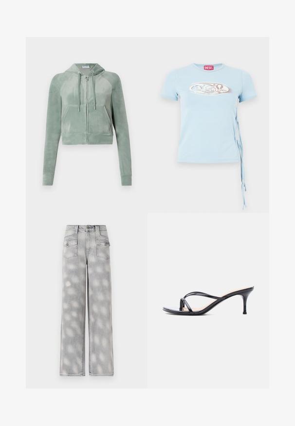 Korthævet hoodie i dæmpet grøn velour, med lynlås foran, justerbare snore og to forlommer. Glat tekstur med logodetalje.; Lys blå kortærmet T-shirt med rund halsudskæring, sidebindinger og et grafisk print med teksten "www.diesel.com" i sølv.; Lys grå denim brede bukser med høj talje, fire lommer og et falmet mønster for en afslappet pasform.; Sort laklædersandal med hæl, tynde krydsede remme og en slank mellemhøj stilethæl på en hvid baggrund.