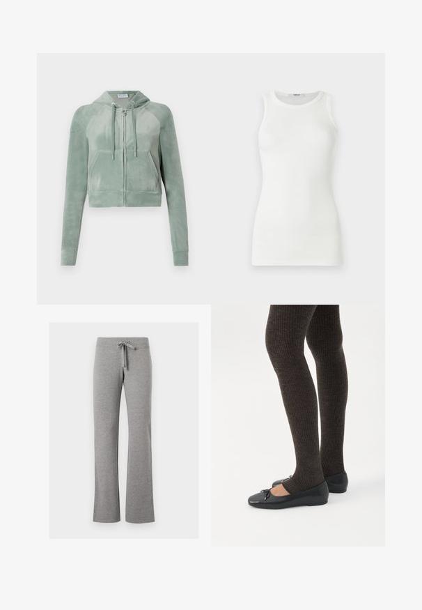 Korthævet hoodie i dæmpet grøn velour, med lynlås foran, justerbare snore og to forlommer. Glat tekstur med logodetalje.; Hvid ærmeløs ribbet tanktop med rund halsudskæring, tætsiddende pasform og mærke indeni kraven.; Grå sweatpants i bomuldsblanding med vid benform, elastisk talje og justerbar snøre. Blød tekstur, glat finish, uden mønster.; Ben iført mørke ribbede leggings kombineret med sorte balletsko med små sløjfedetaljer på hvid baggrund.