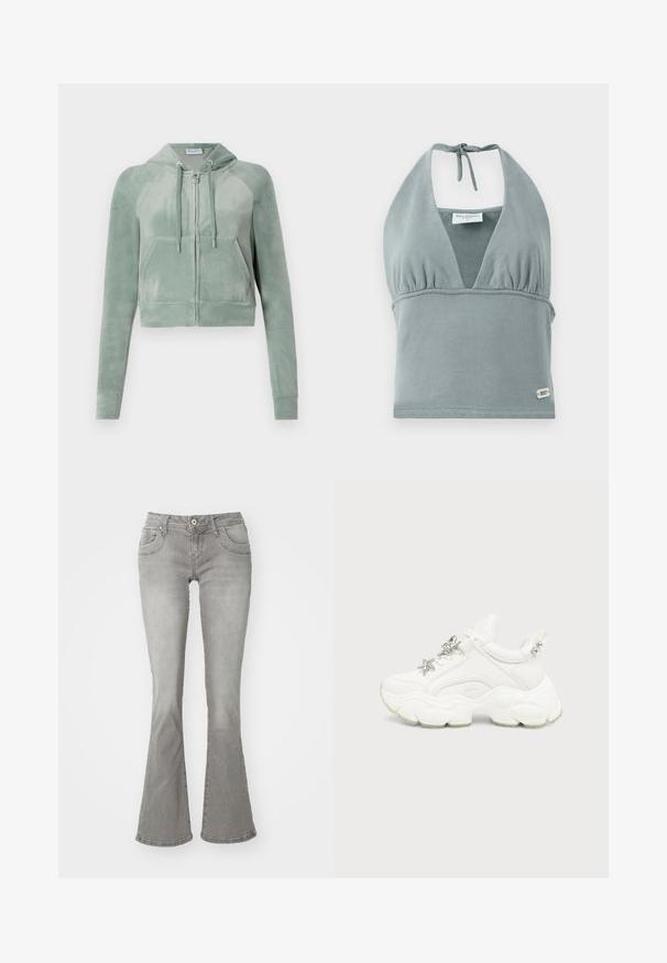 Korthævet hoodie i dæmpet grøn velour, med lynlås foran, justerbare snore og to forlommer. Glat tekstur med logodetalje.; Halter-neck crop top i dæmpet grå, lavet af blødt stof, med en sammensunket buste, mesh-detaljer og et lille logo mærke ved kanten.; Grå flagrende jeans med en middelhøj talje, frontlommer og knaplukning, lavet af denimstof med en glat tekstur.; Hvid chunky sneaker med tyk tekstureret sål, sølvstjerne og sommerfugledekorationer på hvide snørebånd og sølvnitter på hælremmen.
