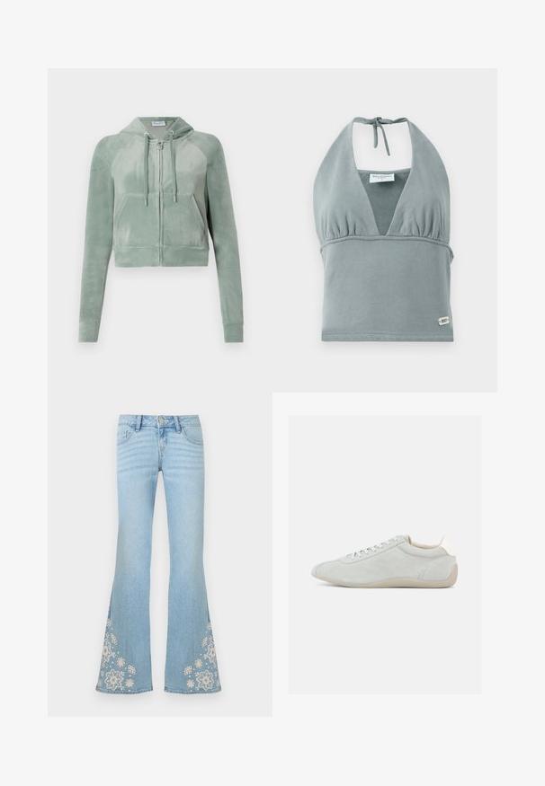Geknipte hoodie in gedempt groen velours, met een ritssluiting aan de voorkant, verstelbare koordjes en twee voorkruiszakken. Glad van textuur met logodetail.; Halternek crop top in gedempt grijs, gemaakt van zachte stof, met een geplooid decolleté, mesh details en een klein logo label aan de onderkant.; Lichtblauwe uitlopende spijkerbroek met hoge taille en witte bloemenborduurwerk vlak bij de zoom aan beide benen.; Lichtgrijze suède sneaker met een laag profiel, vetersluiting en een zachte beige rubberen zool. Subtiele stikdetails zorgen voor textuur.