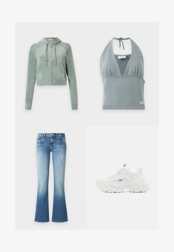 Gekürzter Hoodie aus sanftem grünem Velours, mit einem Reißverschluss an der Vorderseite, verstellbaren Kordeln und zwei Fronttaschen. Glatte Textur mit Logodetail.; Halterneck-Crop-Top in gedämpftem Grau, aus weichem Stoff gefertigt, mit gerafftem Bustier, Netzelementen und einem kleinen Logotag am Saum.; Hellblaue Denim-Jeans mit Schlag und mittelhohem Bund, ausgestattet mit fünf Taschen, subtilen Ausbleichungen und gestickten Details entlang der Nähte.; Weiße klobige Sneakers mit einem glatten Lederobermaterial, abgerundetem Zehenbereich und dicker, strukturiertem Sohle mit einem sichtbaren Logo der Marke an der Seite.