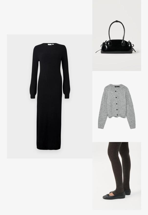Cardigan tricoté gris avec un col rond et des manches longues, ornée de boutons noirs sur le devant et d'un design court. Texture douce.; Robe tricotée noire à manches longues, avec un col rond, une silhouette droite et une texture côtelée, atteignant en dessous des chevilles.; Jambes portant des leggings côtelés foncés associés à des ballerines noires avec de petits détails en nœud sur fond blanc.; Petit sac à main noir brillant avec deux longues anses et des détails à cordon sur les côtés sur un fond clair uni.