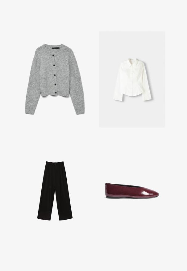 Grå strikket cardigan med rund halsudskæring og lange ærmer, der har sorte knapper foran og en cropped design. Blød tekstur.; Hvid langærmet skjorte lavet af bomuld. Har en spids krave, knaplukning foran og buet kant. Glat tekstur, minimalistisk design.; Sorte brede bukser med høj talje, der har et bælte i taljen og plisseringer for tekstur. Fremstillet af et glat, letvægtsstof.; Bordeaux patent læder ballerinaer med spids tå og en lav sort sål, der har en glat, blank finish.