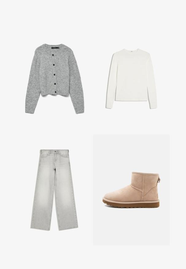 Cardigan tricoté gris avec un col rond et des manches longues, ornée de boutons noirs sur le devant et d'un design court. Texture douce.; T-shirt blanc uni à manches longues avec col rond et coupe ajustée, posé à plat sur un fond blanc.; Jean gris clair à jambes larges avec fermeture par bouton et zip, poches avant, et passants de ceinture, présenté à plat sur fond blanc.; Bottine en daim beige à bout arrondi, avec des accents cousus et une semelle en caoutchouc brun texturé. Elle se distingue par une languette à l'arrière.