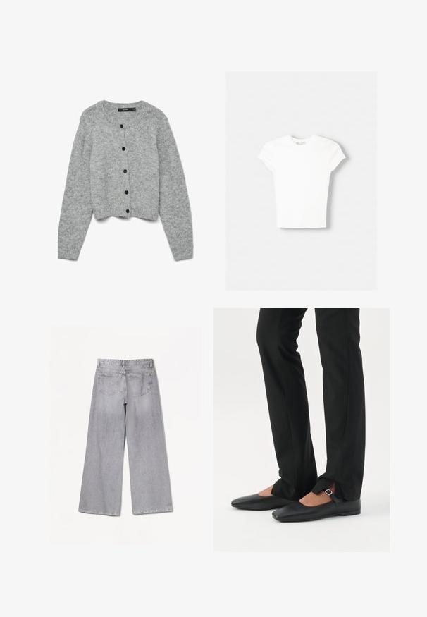 Grå strikket cardigan med rund halsudskæring og lange ærmer, der har sorte knapper foran og en cropped design. Blød tekstur.; Hvid kortærmet t-shirt lavet af blød bomuld, med rund halsudskæring og en tætsiddende form. Ingen synlige mønstre eller udsmykninger.; Grå brede jeans med høj talje, der har en glat tekstur, to baglommer og subtile syninger.; Ben iført sorte smalle bukser med forreste slidser ved kanten, parret med sorte flade Mary Jane-sko med lille spænde.