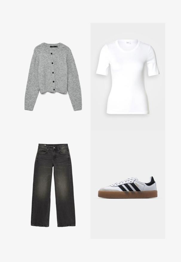 Grå strikket cardigan med rund halsudskæring og lange ærmer, der har sorte knapper foran og en cropped design. Blød tekstur.; Hvid T-shirt med korte ærmer lavet af glat bomuld, med rund halsudskæring og en tætsiddende pasform. Klassisk design uden mønstre eller detaljer.; Sorte jeans med brede ben, falmede detaljer, knap foran, lynlås og fem lommer lagt fladt på en hvid baggrund.; Hvide lædersneakers med sorte striber, gummirubber sål, rund tå, snørelukning og blød grå ruskinds tåhætte.