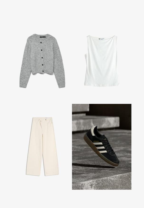 Grå strikket cardigan med rund halsudskæring og lange ærmer, der har sorte knapper foran og en cropped design. Blød tekstur.; Ærmeløs hvid bomuldstop med bådhalsudskæring og et lille "NEXT" mærke på bagsiden af kraven.; Off-white bukser med vidde i benene, foranlommer, bærestropper og sølvknapper på linningen og lommekanter.; Sort Adidas-sneaker med hvide striber og gummisåler, svævende over grå betontrapper i naturligt lys.