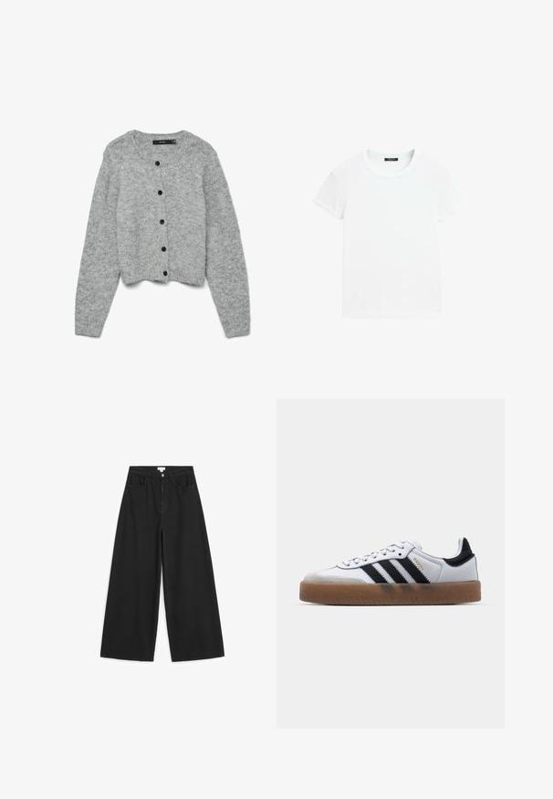 Cardigan tricoté gris avec un col rond et des manches longues, ornée de boutons noirs sur le devant et d'un design court. Texture douce.; T-shirt blanc uni à manches courtes avec un col rond, posé à plat sur un fond blanc.; Jean noir à jambes larges avec fermeture devant par bouton et zip, deux poches avant et passants de ceinture, posé à plat sur fond blanc.; Baskets en cuir blanc avec des rayures noires, semelle extérieure en caoutchouc beige, bout rond, fermeture lacée et embout en suède gris doux.