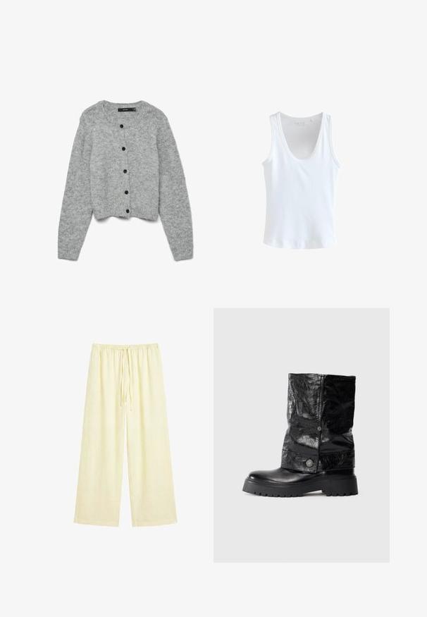 Grå strikket cardigan med rund halsudskæring og lange ærmer, der har sorte knapper foran og en cropped design. Blød tekstur.; Hvid ærmeløs tanktop med rund halsudskæring og tætsiddende pasform, vist på en ensfarvet hvid baggrund.; Løse cremelignende bukser med elastik i taljen og snøre foran, lavet af et blødt, let stof.; Sorte læder ankelstøvler med en blank finish, der har et fold-over design, trykknapdetalje og en chunky sål.