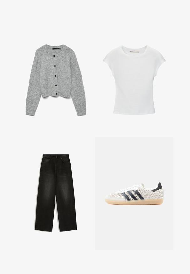 Grå strikket cardigan med rund halsudskæring og lange ærmer, der har sorte knapper foran og en cropped design. Blød tekstur.; Hvid bomuld t-shirt med korte, opsmøgede ærmer, rund halsudskæring og lige kant. Glat tekstur uden synlige mønstre eller detaljer.; Sorte jeans med vide ben, frontknap og lynlås, bæltestropper og to forlommer på hvid baggrund.; Hvide mesh-sneakers med sort tre-stribet design, rundet tå og gummisål. Har blød hælkant og snørelukning.