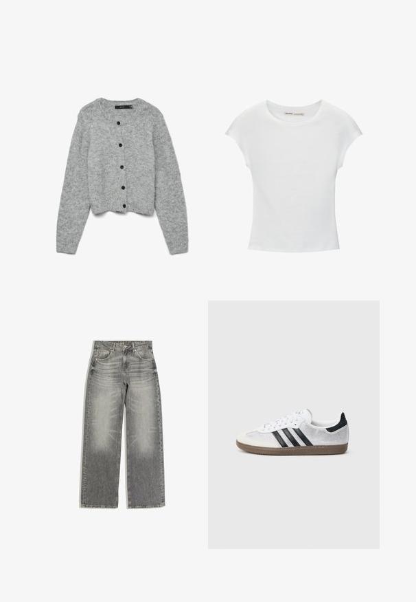 Cardigan tricoté gris avec un col rond et des manches longues, ornée de boutons noirs sur le devant et d'un design court. Texture douce.; T-shirt en coton blanc avec manches courtes retroussées, encolure ronde et ourlet droit. Texture lisse sans motifs ni accents visibles.; Jean droit gris en denim avec poches avant et arrière, fermeture par bouton et zip, et détails subtils d'effet délavé.; Baskets en mesh blanc avec des rayures noires, un embout en daim beige et un accent sur le talon, semelle en caoutchouc texturée, et lacets blancs. Design classique à tige basse.