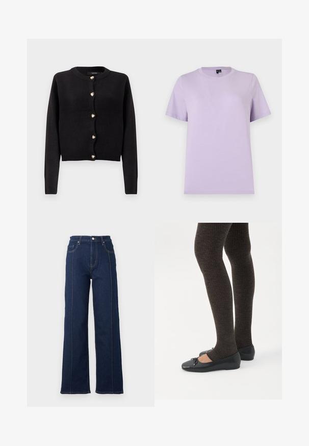 Cardigan noir en maille avec manches longues, encolure arrondie et boutons dorés en forme de cœur sur le devant. Texture douce, coupe courte.; T-shirt en coton lavande uni à manches courtes avec col rond, présenté à plat sur fond blanc.; Jean large en denim bleu foncé avec des coutures visibles, taille haute et cinq poches. Présente une fermeture à bouton et à glissière à l'avant.; Jambes portant des leggings côtelés foncés associés à des ballerines noires avec de petits détails en nœud sur fond blanc.