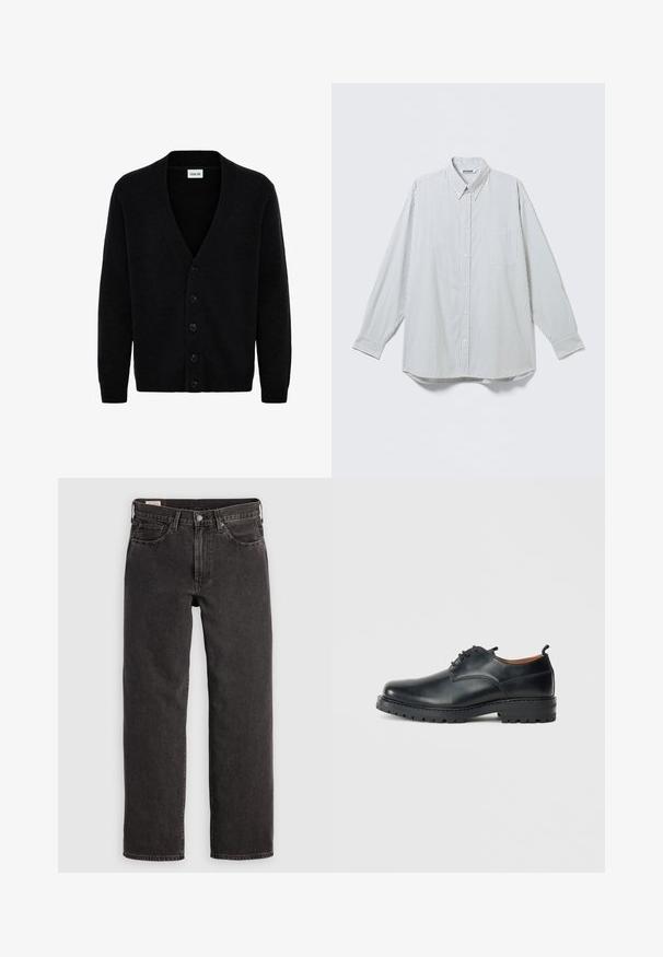 Gilet noir en tricot doux, doté d'un col en V et de six boutons sur le devant. Les manches longues ont des poignets côtelés.; Chemise blanche à manches longues boutonnée avec fines rayures noires verticales et poche poitrine, présentée à plat sur un fond clair.; Jeans en denim noir avec une coupe droite, cinq poches et des tringles métalliques. Le tissu présente une légère texture et une finition unie.; Chaussures derby en cuir noir avec une texture lisse, bout rond, design à lacets et une semelle en caoutchouc épaisse et robuste.