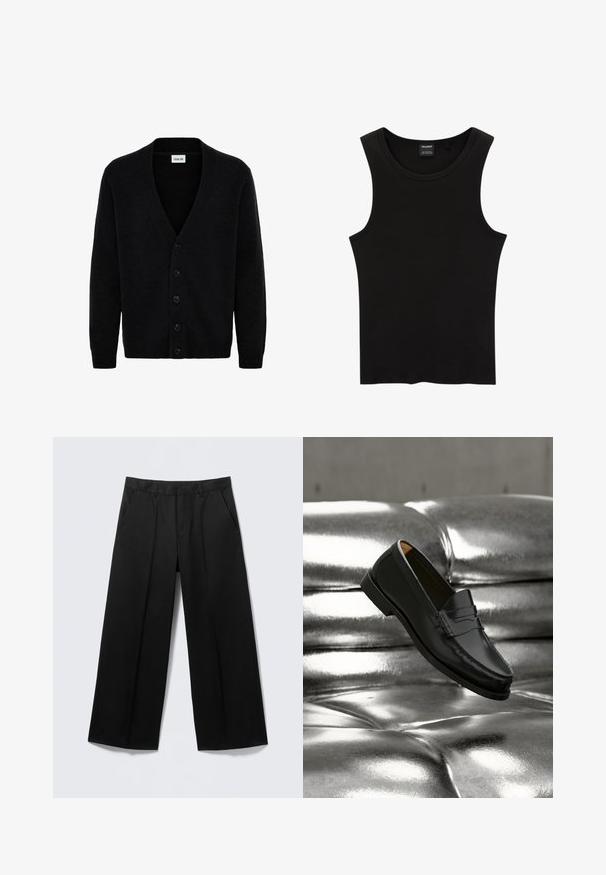Gilet noir en tricot doux, doté d'un col en V et de six boutons sur le devant. Les manches longues ont des poignets côtelés.; Débardeur noir à côtes avec un col rond et de larges emmanchures, fabriqué à partir d'un tissu doux et extensible. Étiquette : Pull&Bear.; Pantalon large noir avec passants pour ceinture, poches avant et fermeture éclair, présenté sur un fond gris clair.; Mocassin en cuir noir flottant au-dessus d'un canapé en cuir argenté brillant matelassé à boutons dans un décor minimaliste.