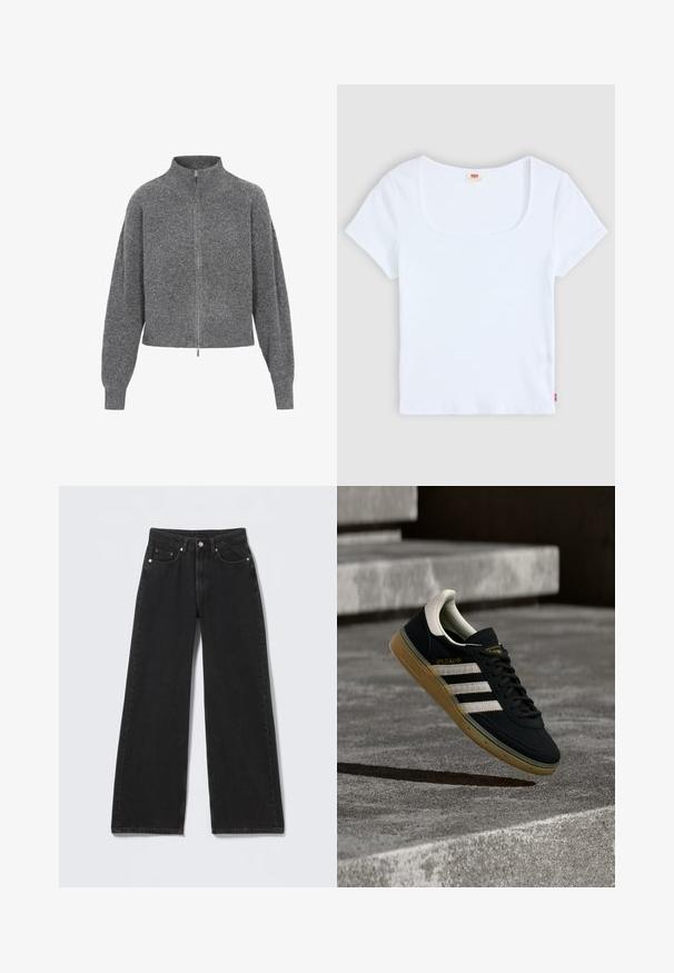 Grijze geknipte trui met een hoge kraag, ritssluiting en drop shoulders. Gemaakt van gebreide stof, met een gestructureerde afwerking.; Witte korte mouwtop met een vierkante halslijn, gemaakt van ribbelstructuur stof. Heeft een klein rood logo etiket aan de onderkant aan de linkerkant.; Zwarte high-waist jeans met wijde pijpen, een knoop- en ritsluiting aan de voorzijde, riemlussen en vijf voorzakken op een lichte achtergrond.; Zwarte suède sneaker met witte strepen en goud logo, voorzien van een gestructureerde gum rubberen zool en een contrasterende crème hielkap.
