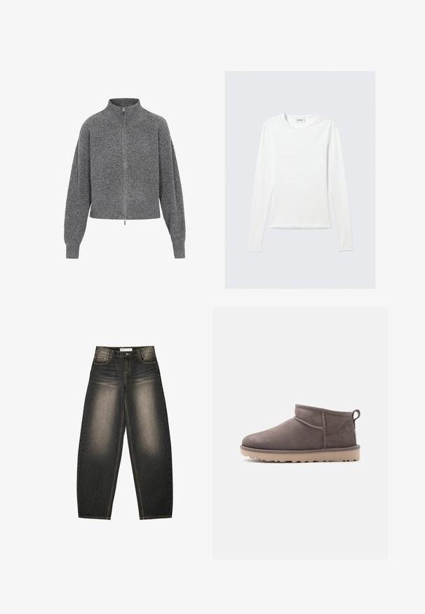 Grijze geknipte trui met een hoge kraag, ritssluiting en drop shoulders. Gemaakt van gebreide stof, met een gestructureerde afwerking.; Effen wit shirt met lange mouwen en ronde hals, slim fit, afgebeeld tegen een lichtgrijze achtergrond.; Grijze spijkerbroek met wijde pijpen en een lichte vervaging, vijf zakken, contrasterende stiksels en een relaxte pasvorm. Geen zichtbare patronen of versieringen.; Lage, bruin suède instapschoen met een textuurrijke zool en trekkoord op een effen achtergrond.