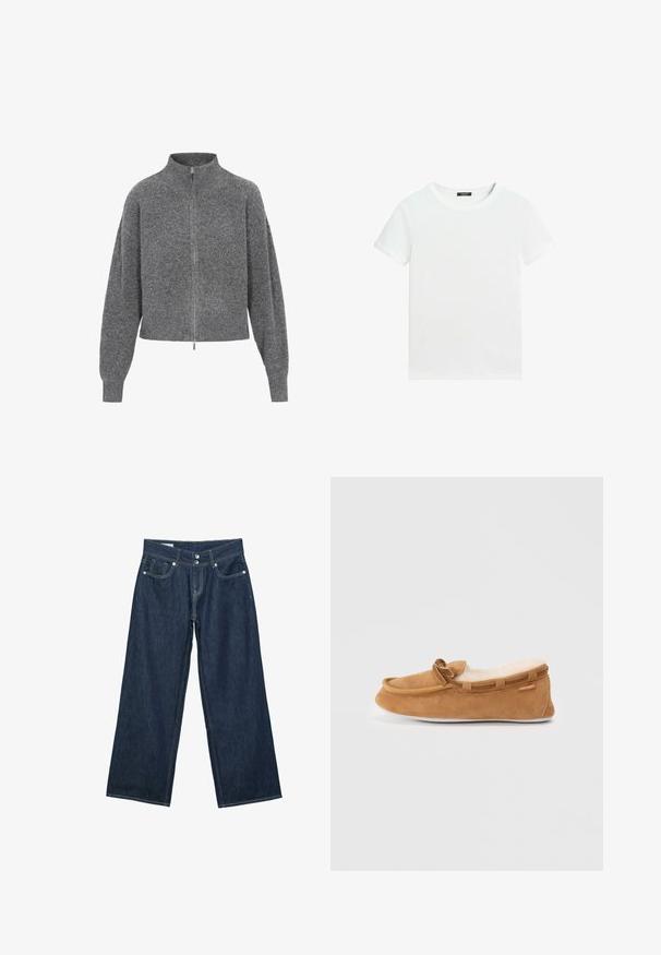 Grauer, kurzer Pullover mit hohem Kragen, Reißverschluss und abgesenkten Schultern. Hergestellt aus Strickstoff und mit einer strukturierten Oberfläche.; Schlichtes weißes T-Shirt mit kurzen Ärmeln, rundem Halsausschnitt und einem kleinen schwarzen Etikett innen am Kragen.; Dunkelblaue, weit geschnittene Denim-Jeans mit doppelter Knopfverschluss, vorderen Taschen und kontrastierender Naht auf weißem Hintergrund.; Braune Wildleder-Mokassin-Hausschuhe mit Kunstfellfütterung, runder Zehenform und dekorativem Schleifendetail. Verfügt über eine Gummisohle und kontrastierende Abschlüsse.
