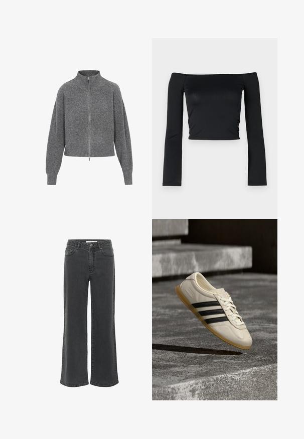 Grauer, kurzer Pullover mit hohem Kragen, Reißverschluss und abgesenkten Schultern. Hergestellt aus Strickstoff und mit einer strukturierten Oberfläche.; Schwarzes Cropped Top mit langen, eng anliegenden Ärmeln und einem schulterfreien Ausschnitt, hergestellt aus weichem, glattem Stoff. Schlichtes und figurbetontes Design.; Schwarze gerade Jeans aus Denim, mit hoher Taille, fünf Taschen-Design und minimalen Nähdetails.; Weißer Sneaker mit schwarzen Streifen und Gummisohle schwebt über Betontreppen im sanften Tageslicht.