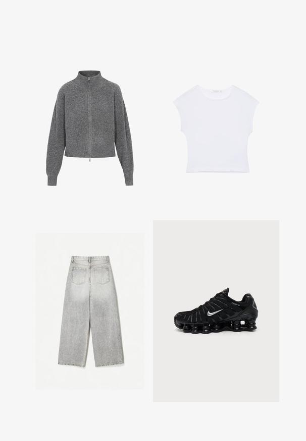 Grauer, kurzer Pullover mit hohem Kragen, Reißverschluss und abgesenkten Schultern. Hergestellt aus Strickstoff und mit einer strukturierten Oberfläche.; Weißes kurzärmeliges, bauchfreies T-Shirt mit rundem Ausschnitt aus glattem Stoff, flach auf einem weißen Hintergrund liegend.; Hellegraue Denim-Jeans mit weitem Bein und einem verwaschenen Finish, ausgestattet mit zwei Gesäßtaschen und einem rohen Saum.; Schwarzer Nike Sportschuh mit silbernem Swoosh-Logo, Mesh- und synthetischem Obermaterial und einer markanten segmentierten gepolsterten Sohle.