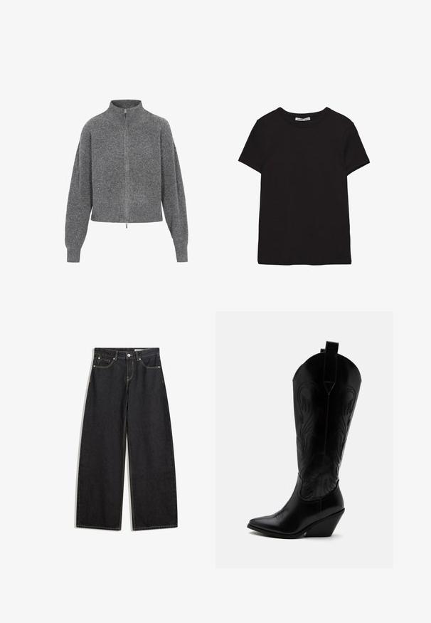 Grijze geknipte trui met een hoge kraag, ritssluiting en drop shoulders. Gemaakt van gebreide stof, met een gestructureerde afwerking.; Zwart katoenen T-shirt met korte mouwen, ronde hals, standaard pasvorm en zichtbaar binnenlabel in de nek.; Zwarte wijde spijkerbroek met een hoge taille, vijf zakken, contrasterende stiksels en een knoopsluiting. Gladde textuur met een klassieke snit.; Zwarte leren cowboylaars met puntige neus, schuine blokhak, decoratieve stiksels en aantreklusjes bovenaan tegen een witte achtergrond.