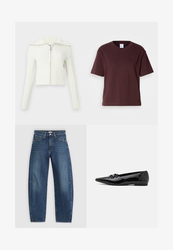 Pull en maille blanc avec fermeture éclair, motifs texturés, manches longues, col large et tirette de fermeture éclair en forme circulaire.; T-shirt en coton bordeaux à manches courtes, avec un col rond et une coupe décontractée. Présente une surface unie sans motifs ni accents.; Jean en denim bleu foncé avec une coupe droite, dotés de poches avant, de surpiqûres contrastées et d'une texture légèrement délavée sur les jambes.; Ballerines en cuir verni noir avec un bout pointu, présentant un nœud décoratif à l'avant et un design de talon bas et élégant.