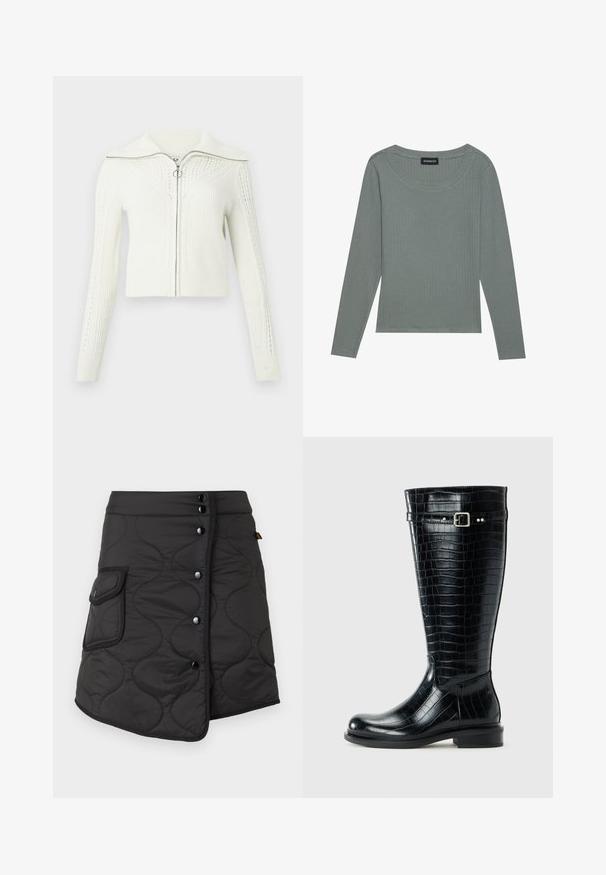 Pull en maille blanc avec fermeture éclair, motifs texturés, manches longues, col large et tirette de fermeture éclair en forme circulaire.; Even&Odd T-shirt à manches longues - balsam green; Jupe noire matelassée avec un ourlet asymétrique, dotée de cinq boutons foncés et d'une poche latérale avec un détail de rabat arrondi.; Botte noire hauteur genou avec texture crocodile, bout rond, petit talon carré et une sangle à boucle argentée près du haut.