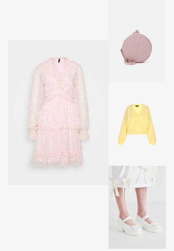 Gul strikket cardigan med v-hals, lange ballonærmer og perle-lignende pynt på skuldrene. Fem-knaps frontlukning.; Pink blomstret kjole med lange gennemsigtige ærmer, v-udskæring, flæse detaljer og lagdelt skørt. Lavet af letvægts, tætsiddende stof.; Koi Footwear TIRA RUFFLE MARY JANES PORCELAIN DELIGHTS EDITION - Plateaupumps - white; Rund, lyserød lædertaske med præget tekst og hjerte-design, der har en aftagelig skulderrem og en glat overflade.