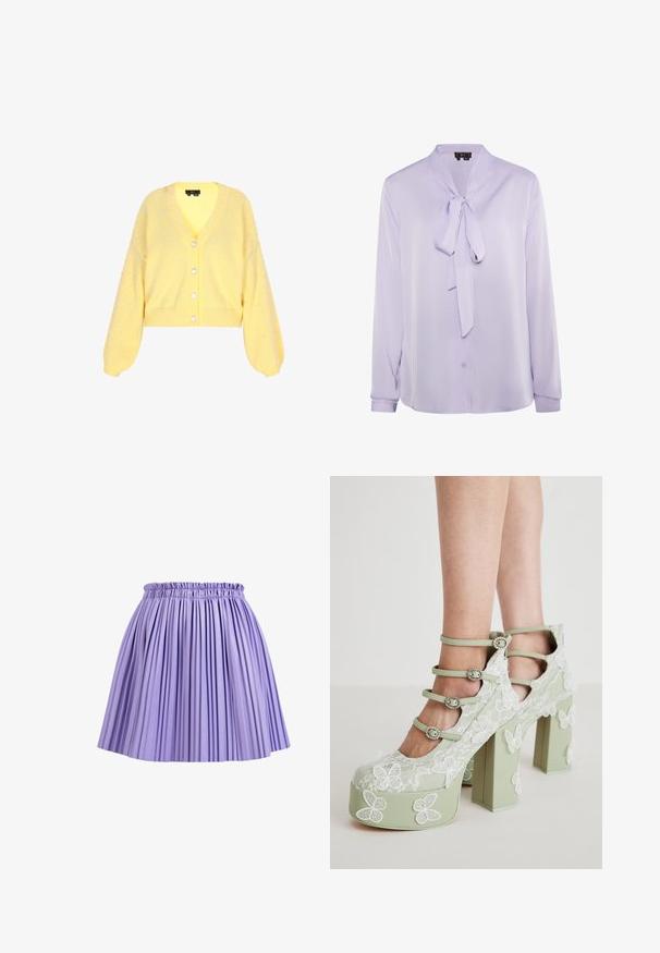 Gele gebreide cardigan met een v-hals, lange ballonmouwen en parelachtige versieringen op de schouders. Vijfknops sluiting aan de voorkant.; Lavendelkleurige blouse met een striknek, lange mouwen en knoopsluiting. Glad materiaal met een lichte glans, met minimalistische ontwerpdetails.; Paarse plissé rok met een elastische tailleband, gemaakt van gladde stof, met verticale plooien en een korte lengte.; Koi Footwear WILD LOTUS - Plateaupumps - green