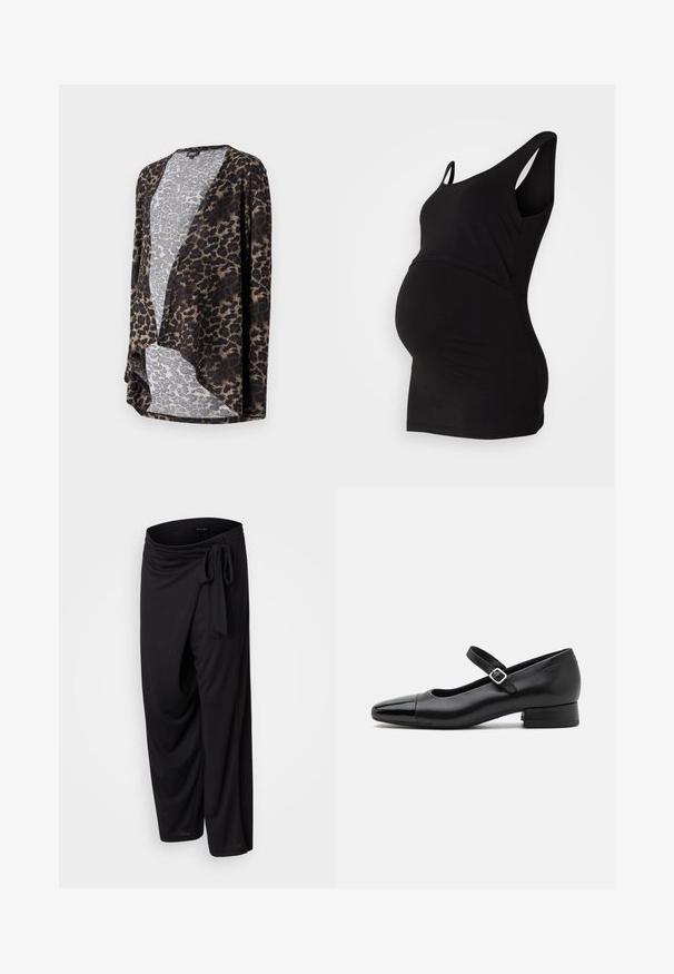 Leopard-print cardigan van zachte stof, met een open voorkant, vloeiende vorm en contrastkleuren van bruin en grijs.; Zwarte zwangerschaps tanktop met een ronde halslijn en mouwloos ontwerp, met een aansluitende pasvorm die ruimte biedt voor een groeiende buik.; Zwarte, losse broeken van zachte stof met een strikceintuur in de taille, met een gedrapeerd ontwerp en een cropped lengte.; Zwarte leren Mary Jane schoenen met een gepatenteerde neus, verstelbare enkelband en lage blokhak. Een gladde textuur en een elegante uitstraling.