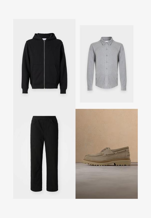 Sort zip-up hættetrøje lavet af blødt stof, med en frontlynlås, to store lommer og bindebånd i hætten. Klassisk, enkel design.; Grå langærmet skjorte lavet af blødt stof med en krave, knapper foran og buet kant. Enkel design uden mønstre.; Sorte bomuldsbukser med en afslappet pasform, elastisk talje, to frontlommer og lige ben. Glat tekstur uden synlige mønstre.; Beige ruskind casual snørestøvle med tyk, rillet sål, vist i luften over matchende beige struktureret overflade og baggrund.
