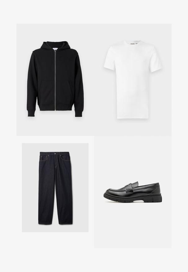 Sort zip-up hættetrøje lavet af blødt stof, med en frontlynlås, to store lommer og bindebånd i hætten. Klassisk, enkel design.; Hvid, kortærmet T-shirt med rund hals og et lille brandlabel inde i kraven, vist på en hvid baggrund.; Mørke denim jeans med lige pasform, der har en knap- og lynlås-lukning, to frontlommer og kontrastfarvet orange syning.; Sort læder loafersko med en bred rem over forfoden, gummisål med tykke mønstre og glat overflade. Klassisk, slankt design.
