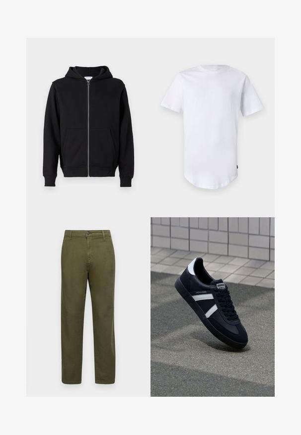 Sort zip-up hættetrøje lavet af blødt stof, med en frontlynlås, to store lommer og bindebånd i hætten. Klassisk, enkel design.; Hvid kortærmet t-shirt lavet af bomuld. Rund halsudskæring med en buet kant. Etiket synlig på nederste venstre side. Glat tekstur.; Olivengrønne bomuldsbukser med lige pasform, knaplukning og minimale syninger. Glat tekstur uden tydelige mønstre.; Sort lædersneaker med hvide striber, tekstureret gummisål og snørrebånd foran. Har et brandet mærke på tungen.