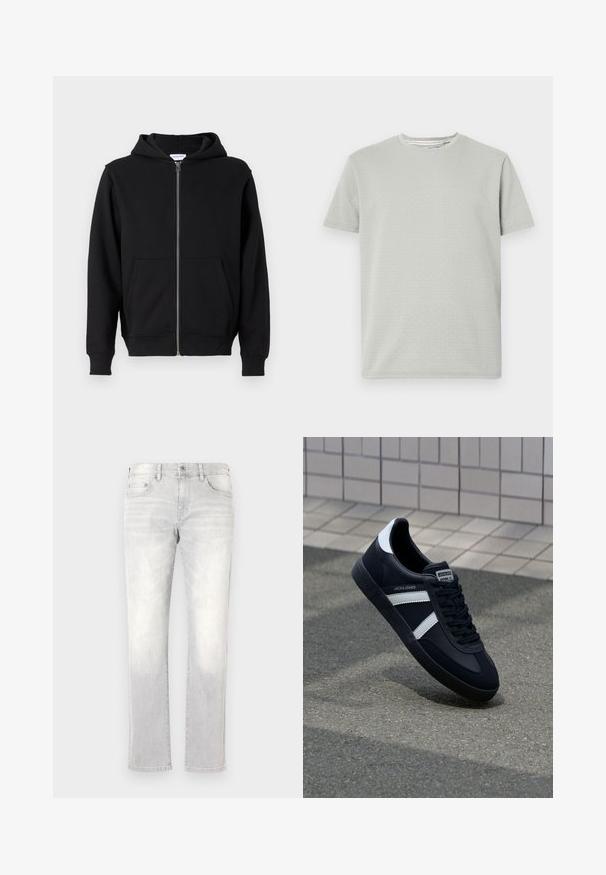 Sort zip-up hættetrøje lavet af blødt stof, med en frontlynlås, to store lommer og bindebånd i hætten. Klassisk, enkel design.; Lys grå kortærmet t-shirt med et struktureret mønster, rund hals og lige kant. Fremstillet af blødt, åndbart stof.; Lys grå denim jeans med lige ben, subtile falmninger, forlommer og en enkelt baglomme. Klassisk knap- og lynlås-lukning.; Sort lædersneaker med hvide striber, tekstureret gummisål og snørrebånd foran. Har et brandet mærke på tungen.