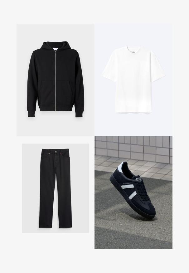 Sort zip-up hættetrøje lavet af blødt stof, med en frontlynlås, to store lommer og bindebånd i hætten. Klassisk, enkel design.; Enkel hvid T-shirt med korte ærmer og rund hals med afslappet pasform, vist på en lys baggrund.; GAP 90S LOOSE - Loose-jeans - black; Sort lædersneaker med hvide striber, tekstureret gummisål og snørrebånd foran. Har et brandet mærke på tungen.