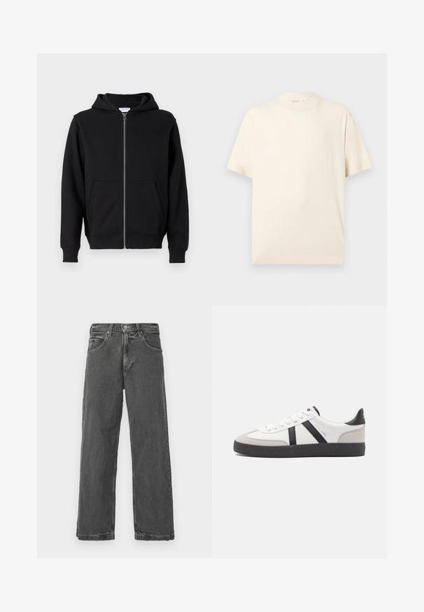 Sort zip-up hættetrøje lavet af blødt stof, med en frontlynlås, to store lommer og bindebånd i hætten. Klassisk, enkel design.; Enkelt beige t-shirt med korte ærmer og rund hals, vist fladt på en lys grå baggrund.; Grå denimjeans med lige ben, fem lommer og knaplukning. Har subtile slidmærker og en let slidt tekstur.; Hvide sneakers med sorte og grå detaljer, med en tekstureret grå tåhætte, sort gummisål og flade hvide snørebånd. Rent design, minimalistisk stil.