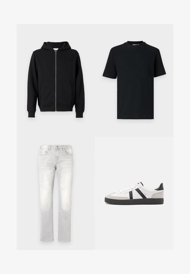 Zwarte hoodie met ritssluiting gemaakt van zachte stof, met een vooraan een ritssluiting, twee grote zakken en een capuchon met trekkoord. Klassiek, eenvoudig ontwerp.; Zwart, geribd, gebreid T-shirt met korte mouwen en ronde hals, met een klein zichtbaar label aan de binnenkant van de kraag.; Lichtgrijze denim jeans met een recht model, subtiele vervaging, achterzakken en een enkele achterzak. Klassieke knoop- en ritssluiting.; Witte sneaker met zwarte en grijze accenten, voorzien van een grijze neus met textuur, zwarte rubberen zool en platte witte veters. Schoon ontwerp, minimalistische stijl.