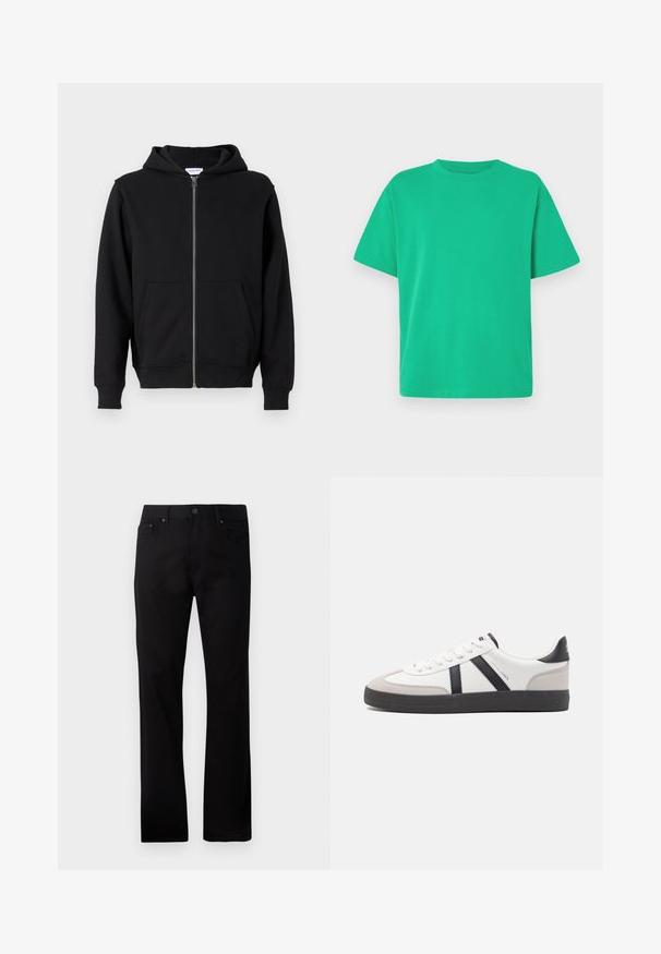 Sort zip-up hættetrøje lavet af blødt stof, med en frontlynlås, to store lommer og bindebånd i hætten. Klassisk, enkel design.; Grøn kortærmet t-shirt lavet af blødt stof; har rund hals og afslappet pasform; glat tekstur uden mønstre eller accenter.; Sorte straight-leg jeans lavet af denim, med lukning foran med knap, to sidelommer og en glat overflade.; Hvide sneakers med sorte og grå detaljer, med en tekstureret grå tåhætte, sort gummisål og flade hvide snørebånd. Rent design, minimalistisk stil.