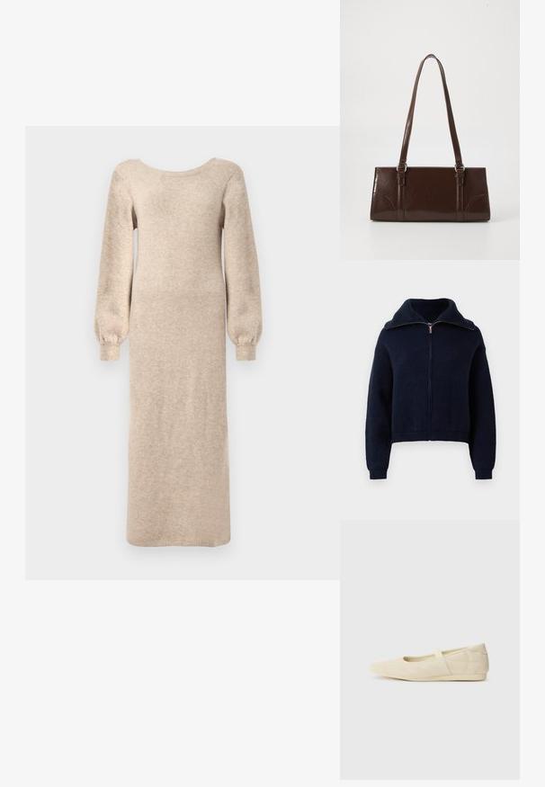 Sweat à fermeture éclair bleu marine avec un col montant, des manches longues et des poignets et un ourlet côtelés sur fond blanc.; Robe tricotée longue beige avec un décolleté rond, des manches bouffantes longues et une silhouette droite, avec des poignets côtelés aux extrémités des manches.; Ballerines beiges avec une exterior en cuir lisse, un bout en forme d'amande et une sangle élastique sur le coup de pied, avec des détails de couture subtils.; Sac à main en cuir verni marron de forme rectangulaire, avec deux longues poignées et des accents courbés subtils à l'avant.