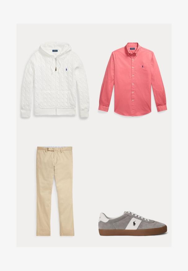 White cable-knit zip-up hoodie with front pockets and a small blue Polo Ralph Lauren logo on the chest.; Long-sleeve coral pink button-up shirt with collar, white buttons, and small blue embroidered logo on the left chest.; Beige straight-leg trousers with belt loops and a front zipper fly, laid flat against a white background.; Low-top gray suede sneaker with white laces, white heel and side panel featuring a black polo player logo, and brown rubber sole.